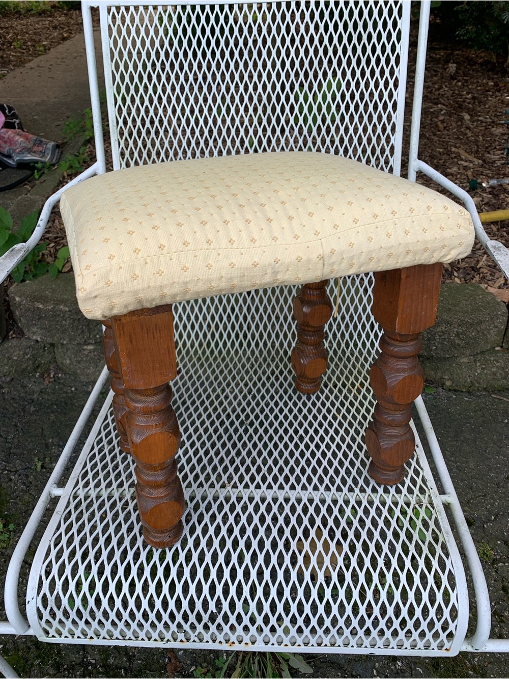 Vintage Wooden Stool Cream Upholstered Seat Footstool Early American